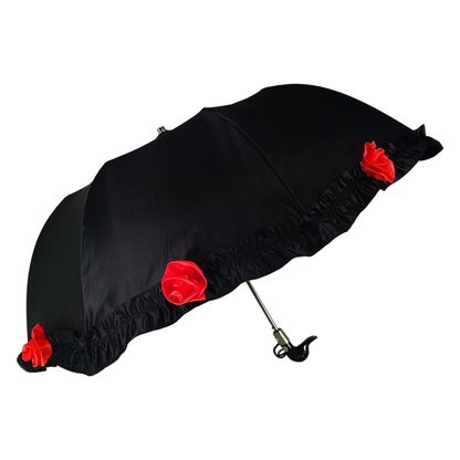 Frilly Folding Umbrella – Black Automatic Open Umbrella with Ruffles & UV Protection