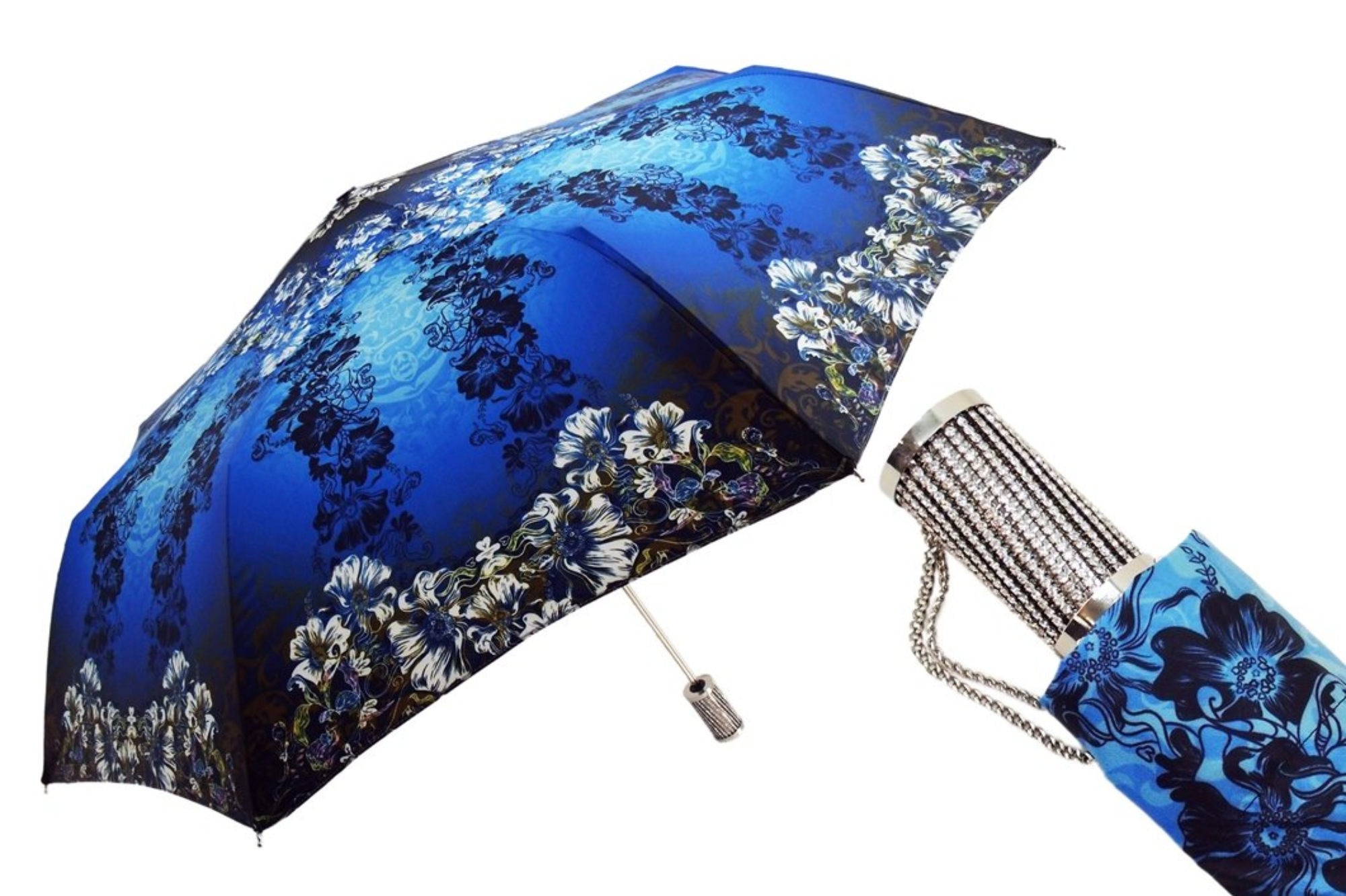 Women Folding Umbrella – Compact Blue Flower Rain Shield With UV Protection