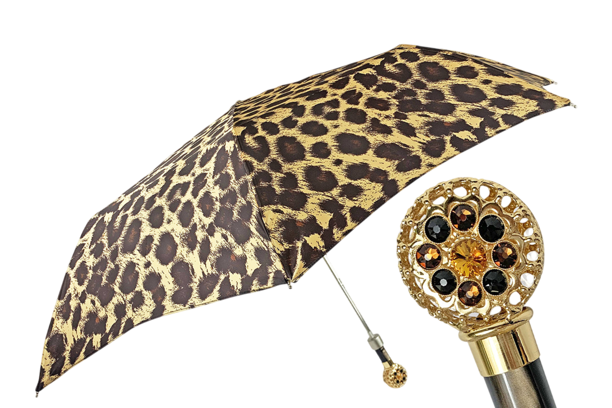 Leopard Folding Umbrella – Automatic Open, Gold-Plated Handle with Swarovski Crystals