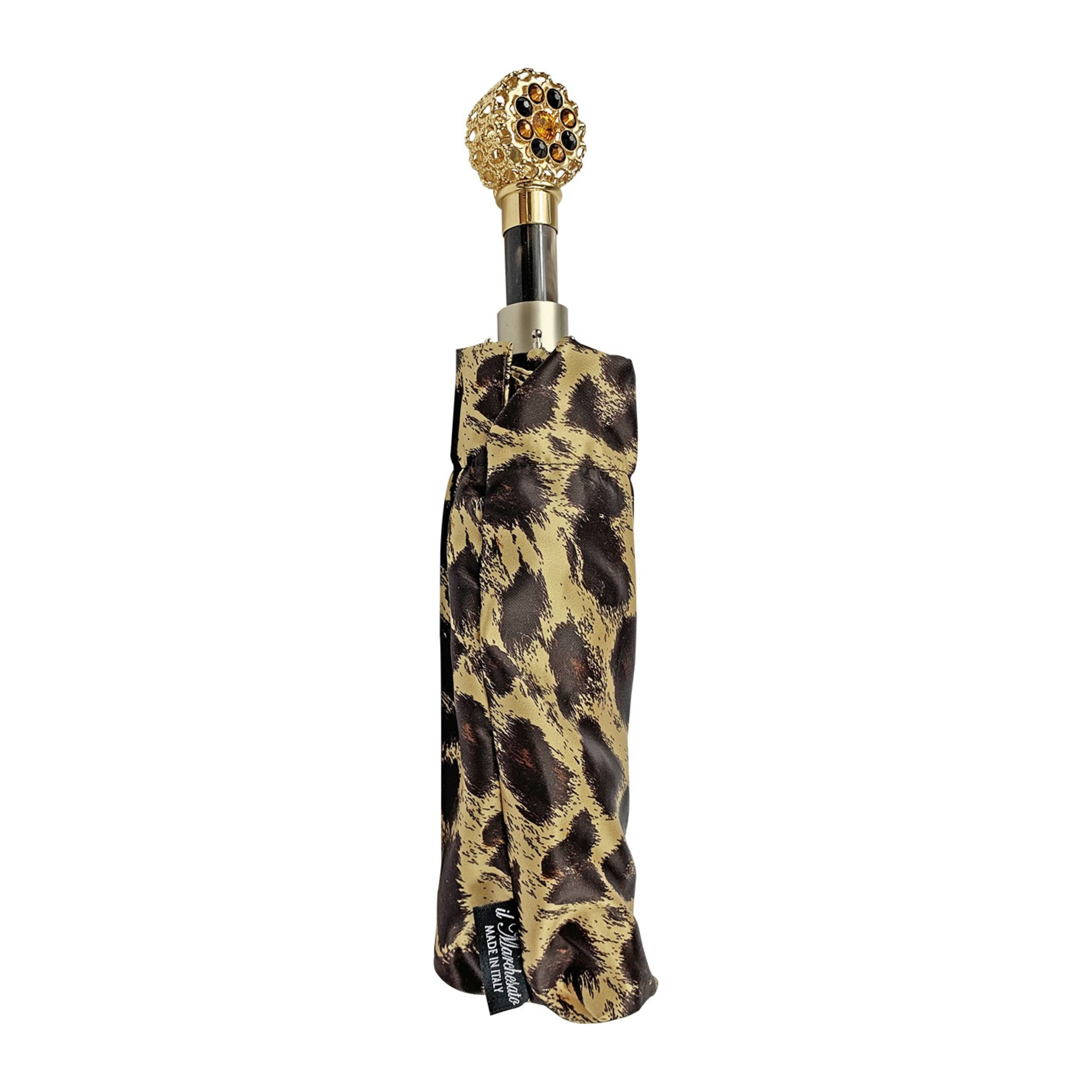 Leopard Folding Umbrella – Automatic Open, Gold-Plated Handle with Swarovski Crystals