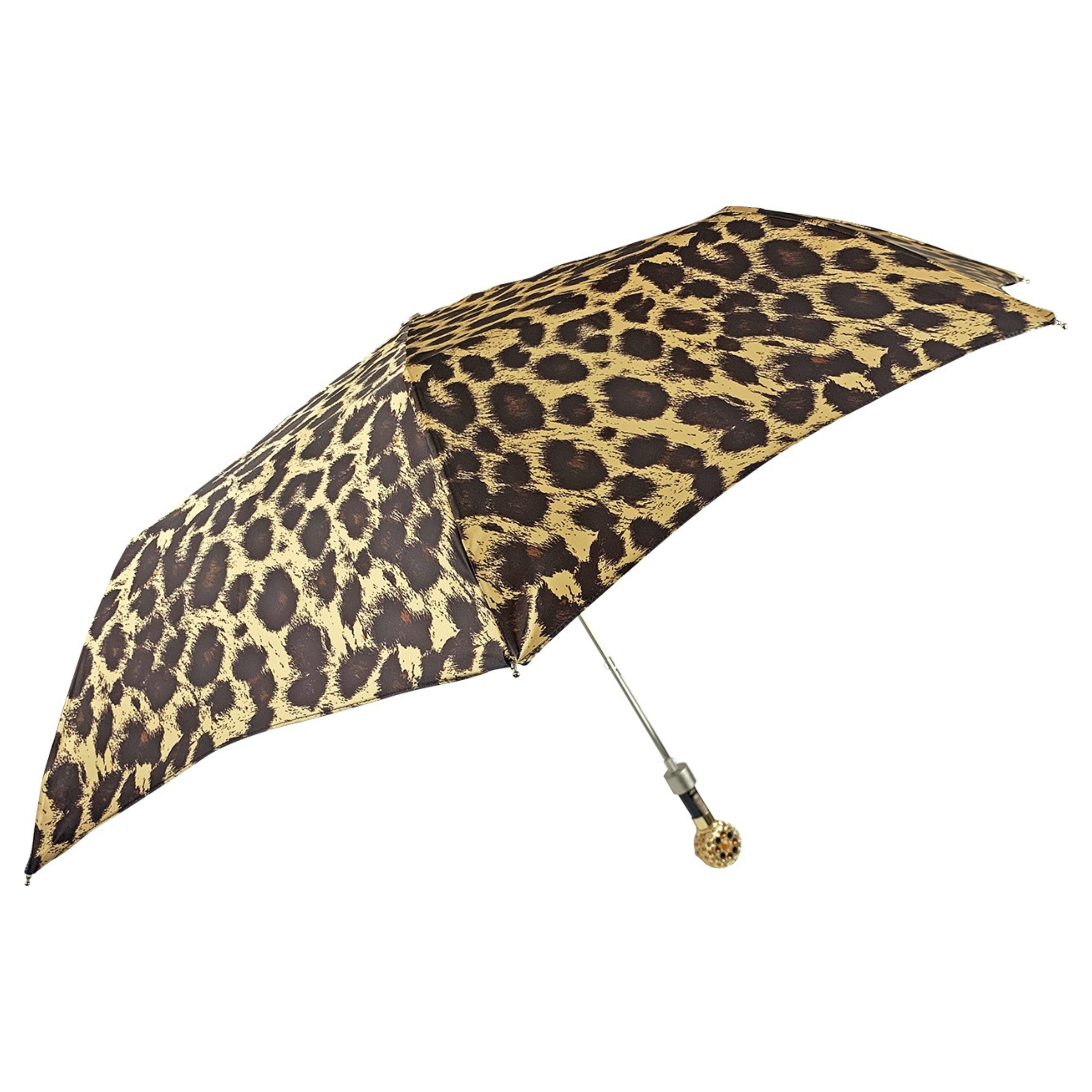 Leopard Folding Umbrella – Automatic Open, Gold-Plated Handle with Swarovski Crystals