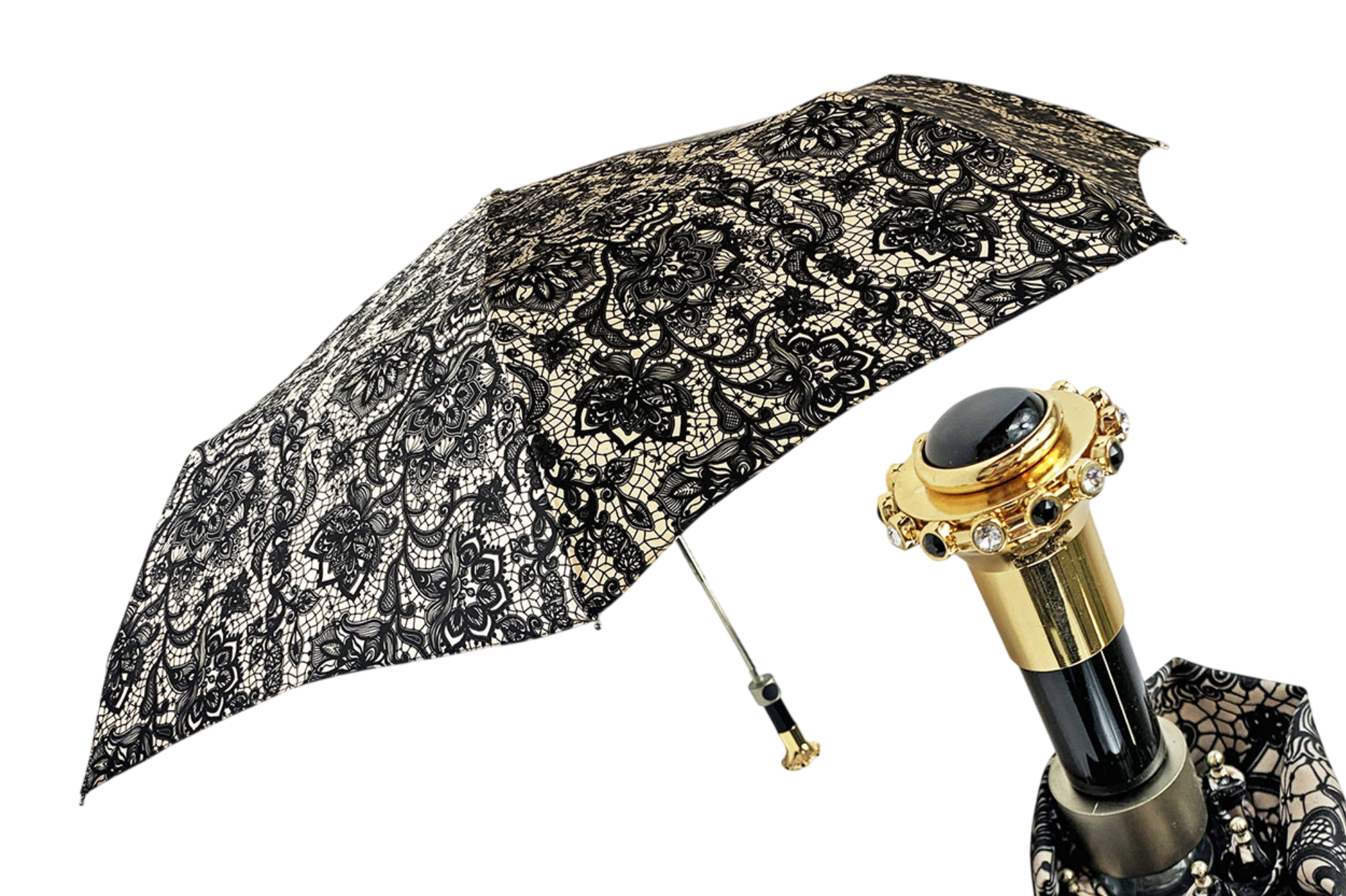 Lace-Effect Folding Umbrella - Women's Compact Travel Umbrella With Swarovski Crystal Handle
