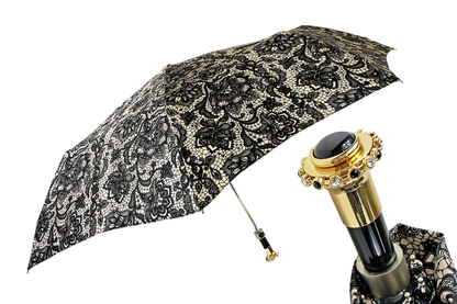 Lace-Effect Folding Umbrella - Women's Compact Travel Umbrella With Swarovski Crystal Handle