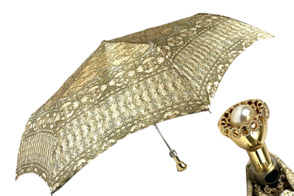 Baroque Folding Umbrella – Luxury Compact Travel Umbrella with Jeweled Gold Handle