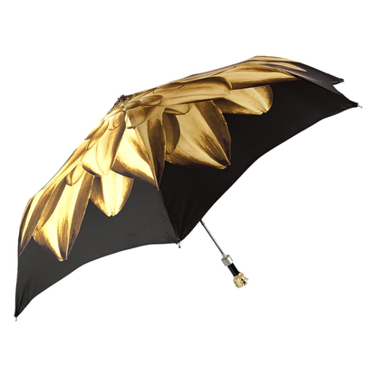 Gold Folding Umbrella – Automatic Open, Brown Dahlia Design with Jeweled Rose Handle