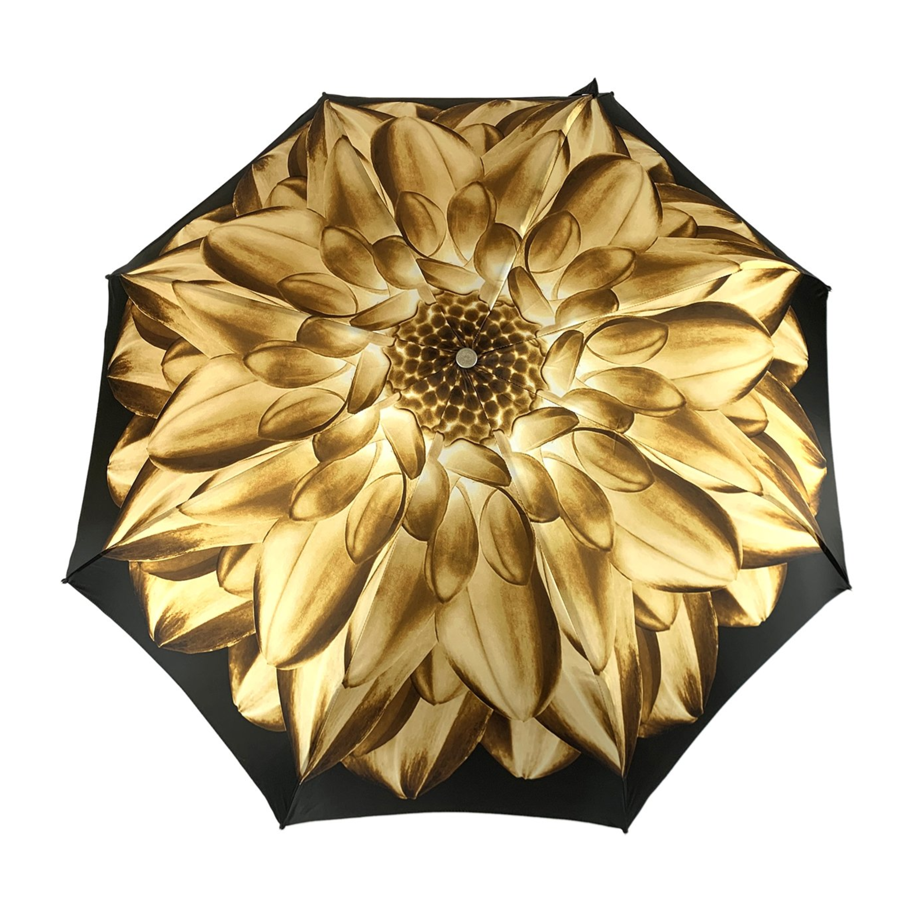 Gold Folding Umbrella – Automatic Open, Brown Dahlia Design with Jeweled Rose Handle