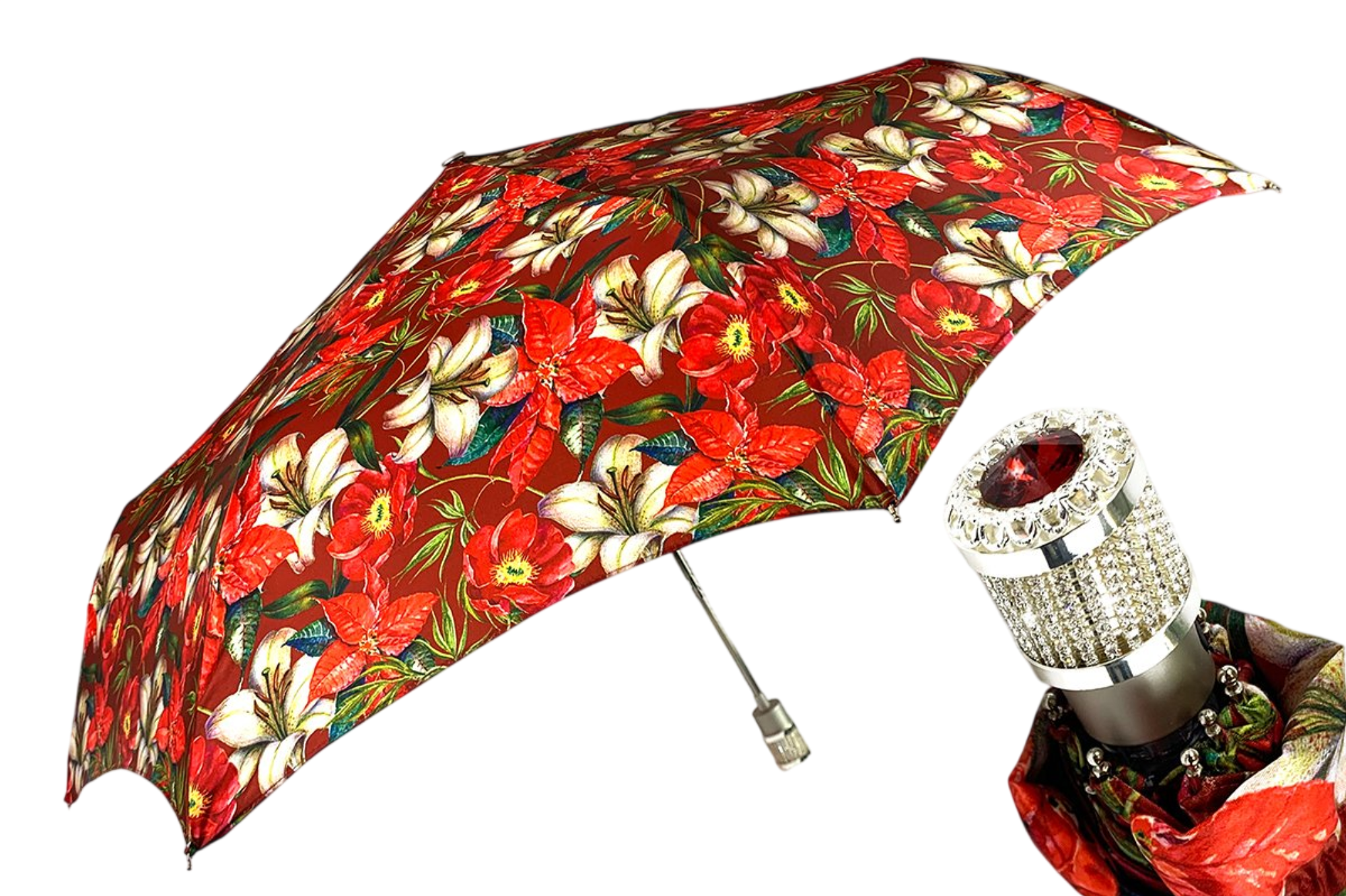 Floral Folding Umbrella – Silver Jeweled Handle | Red Swarovski Stone, Automatic Open