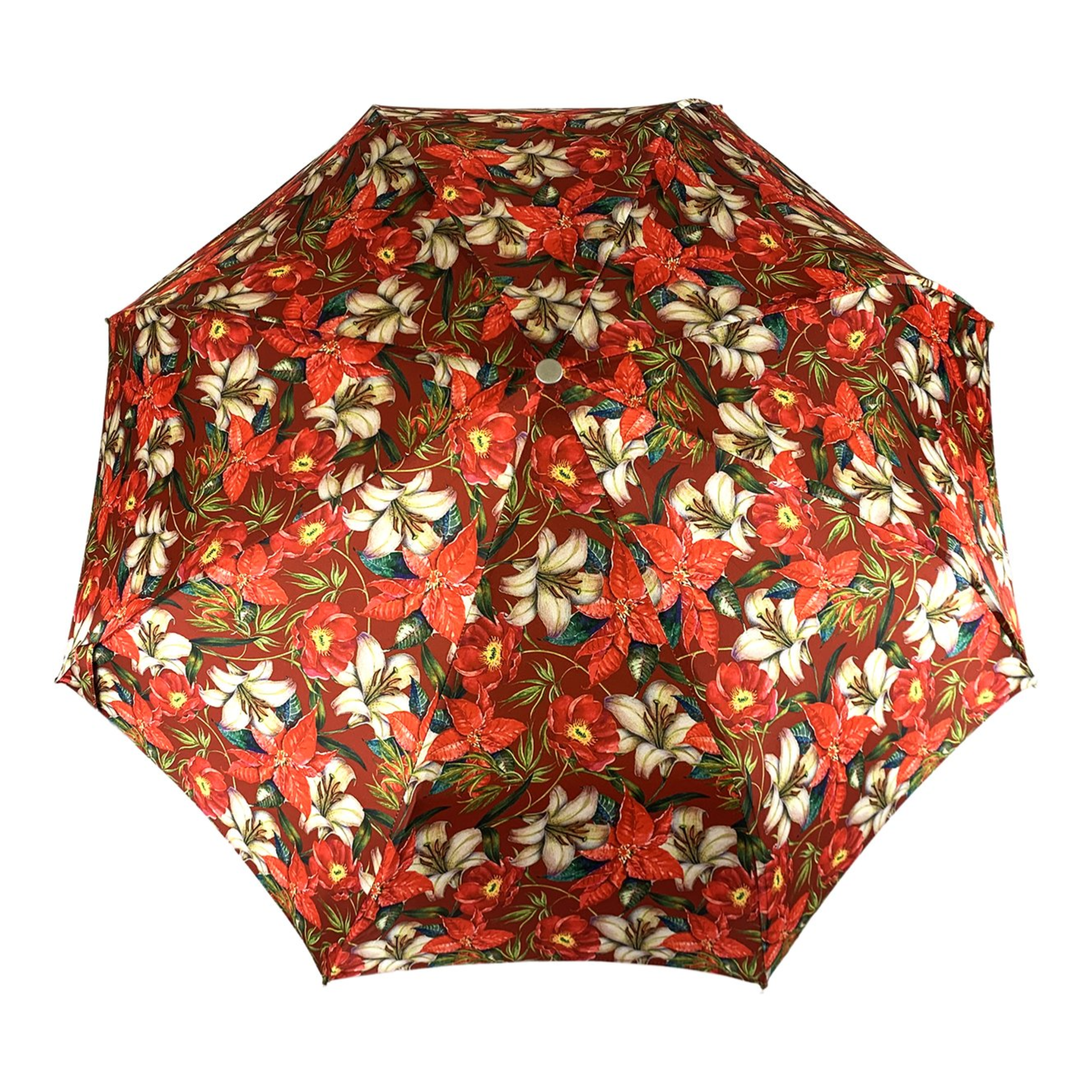 Floral Folding Umbrella – Silver Jeweled Handle | Red Swarovski Stone, Automatic Open
