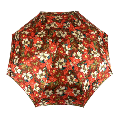 Floral Folding Umbrella – Silver Jeweled Handle | Red Swarovski Stone, Automatic Open