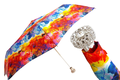 Italian Folding Umbrella – Silver Handle with Swarovski Crystal | UV Protection