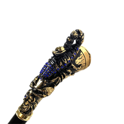 Scorpion Handle Walking Stick – Luxury Sapphire Crystal Cane with Gold Plated Handle