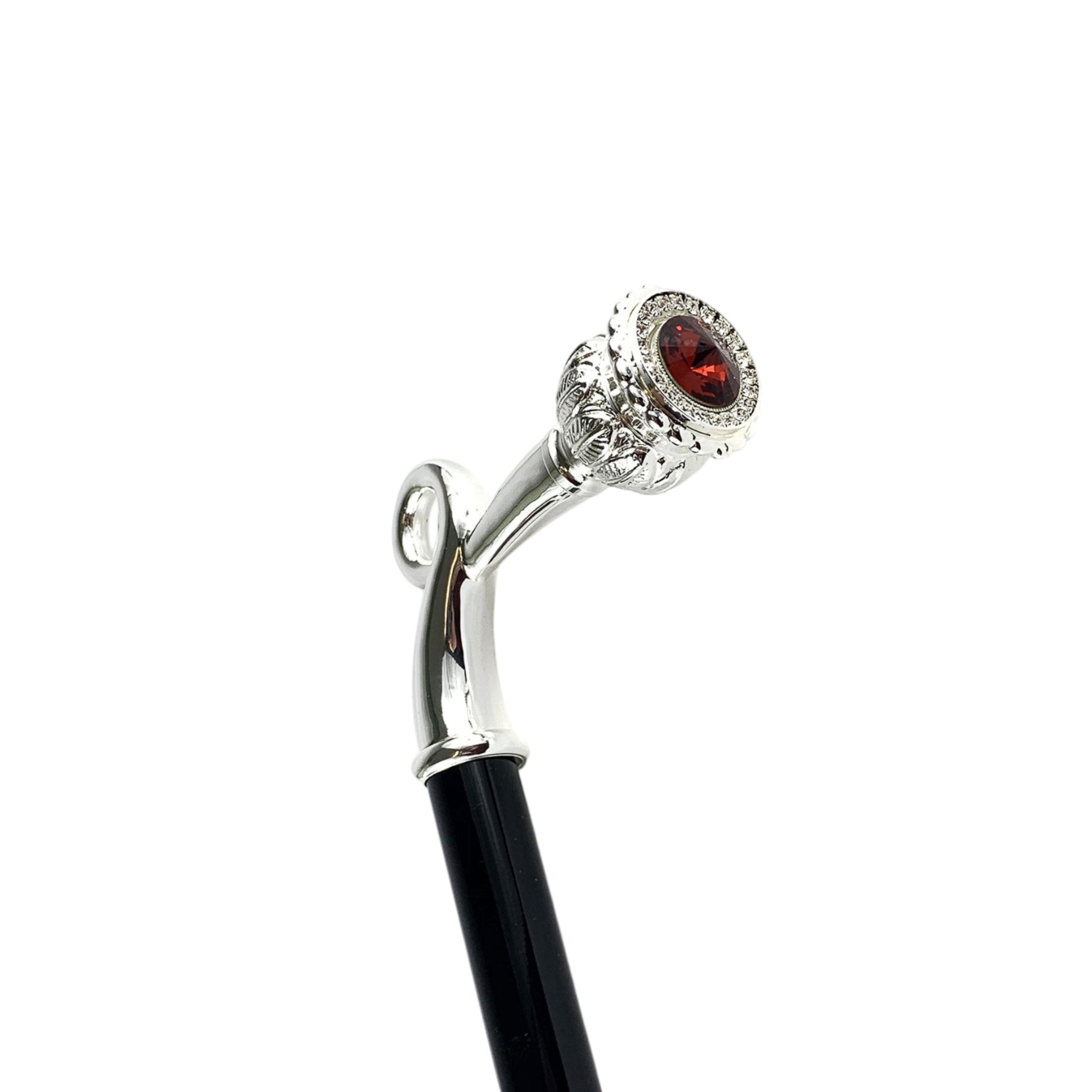 Silver Plated Walking Stick – Handcrafted Luxury Cane with Red Crystal & Gift Box