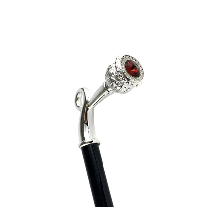 Silver Plated Walking Stick – Handcrafted Luxury Cane with Red Crystal & Gift Box