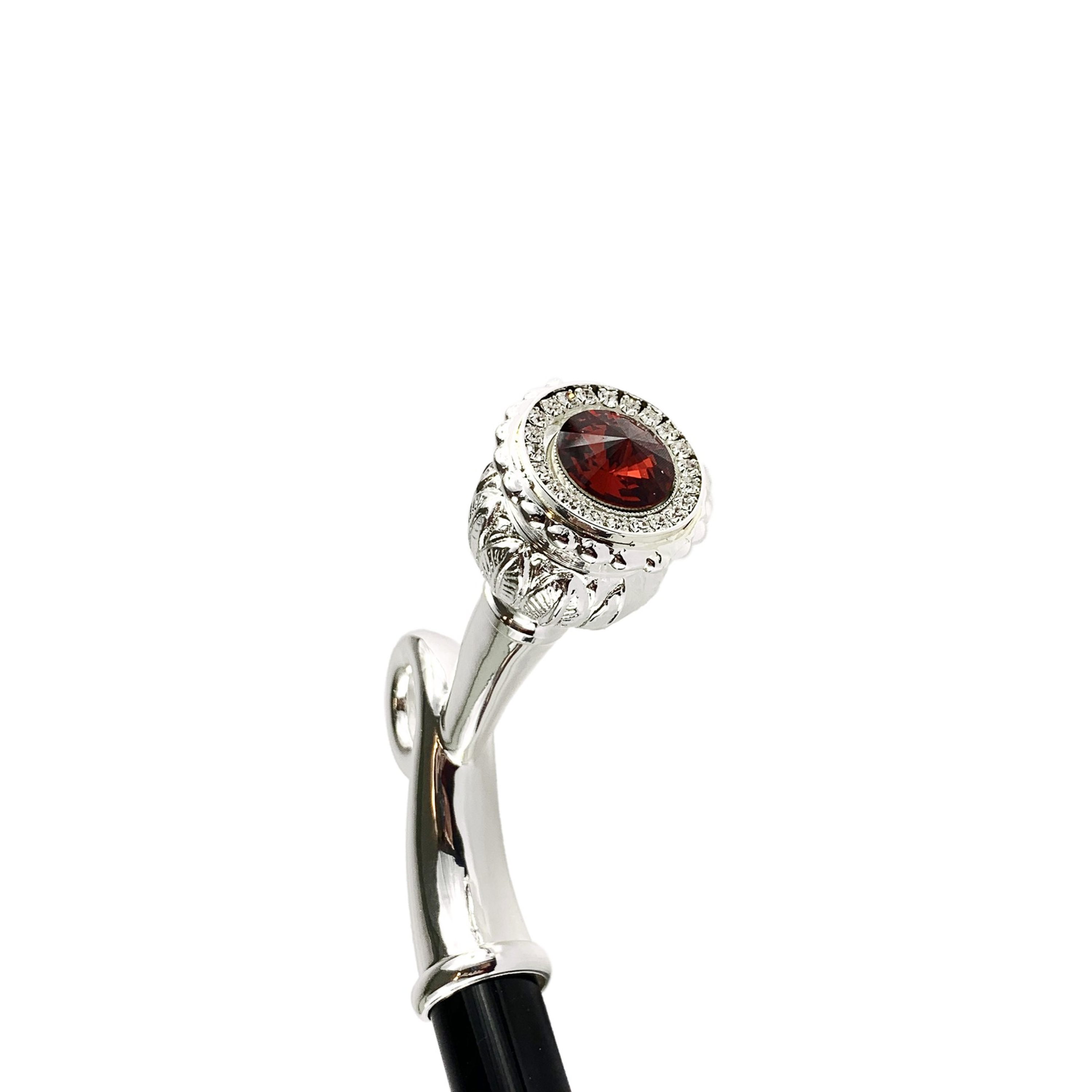 Silver Plated Walking Stick – Handcrafted Luxury Cane with Red Crystal & Gift Box