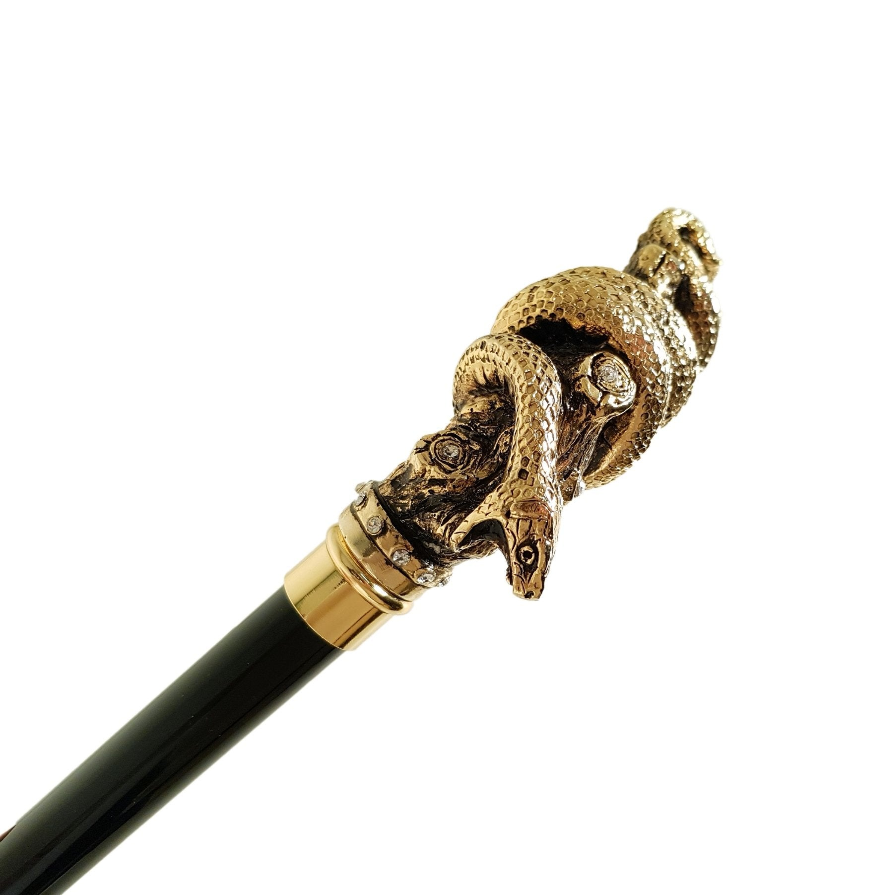 Gold Plated Walking Cane – Italian Handmade Snake Handle Cane with Crystals