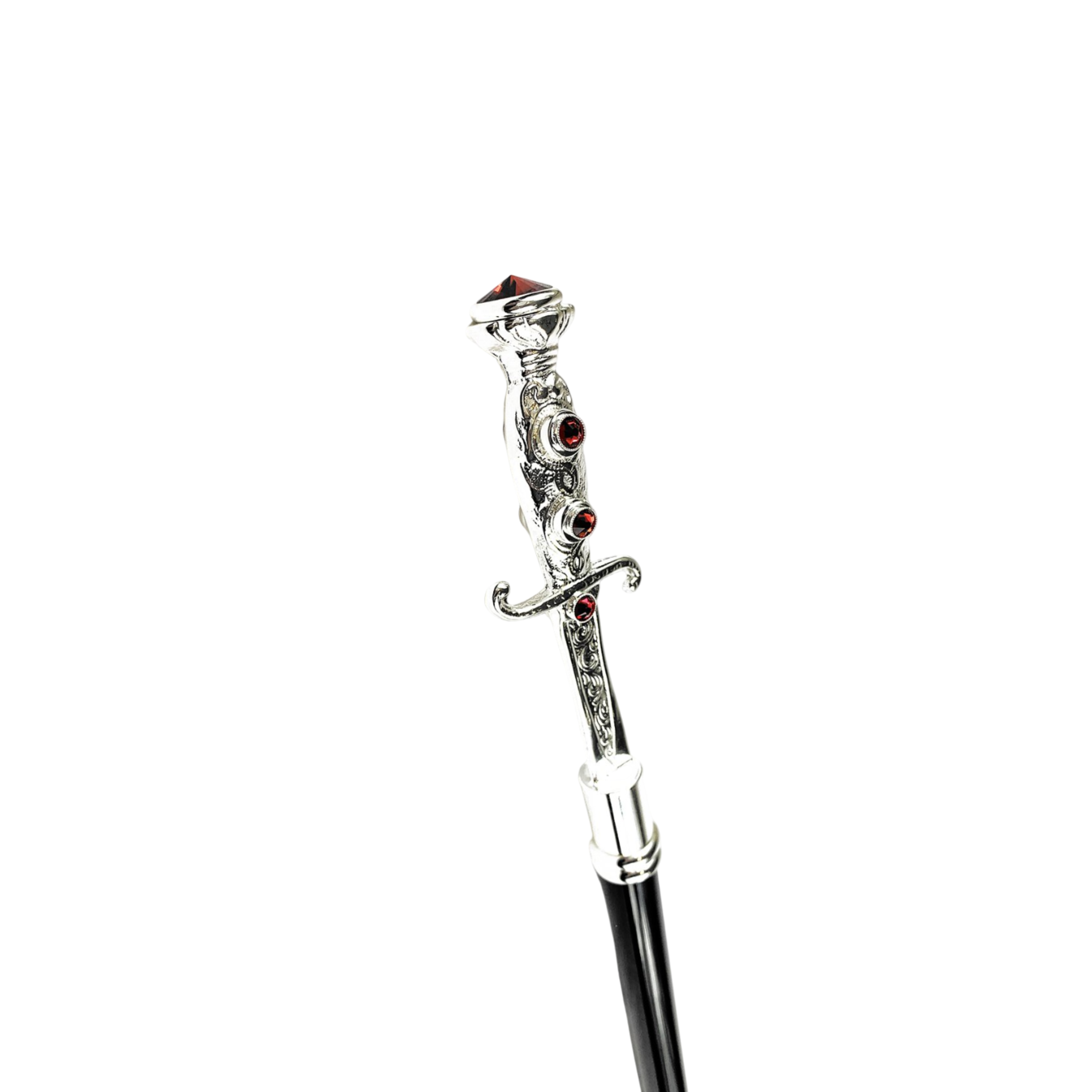 Silver Plated Walking Stick – Handmade Italian Sword Handle Cane with Black Lacquer Shaft