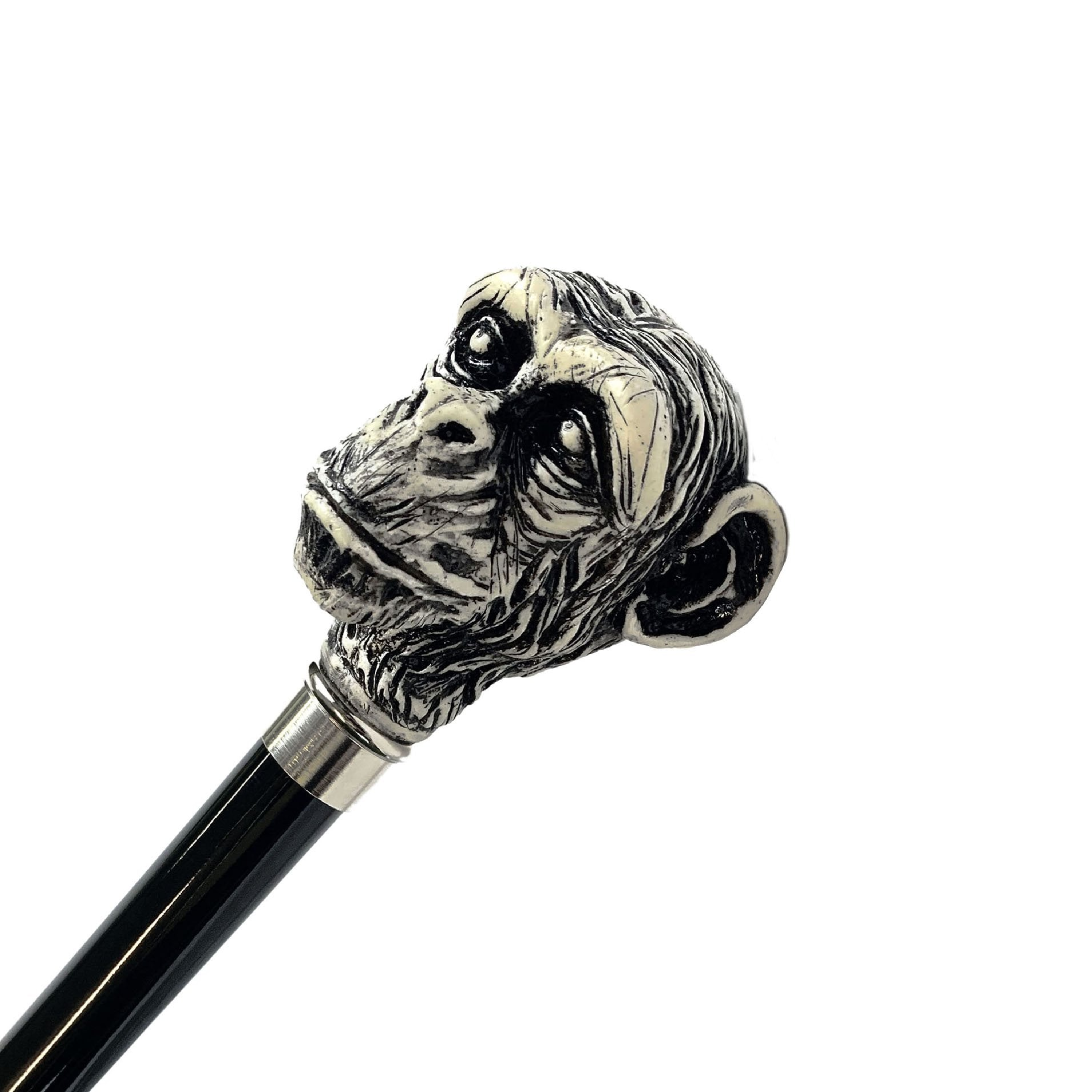 Ivory Lacquer Walking Stick – Hand Painted Monkey Handle Cane With Silver Plated Details