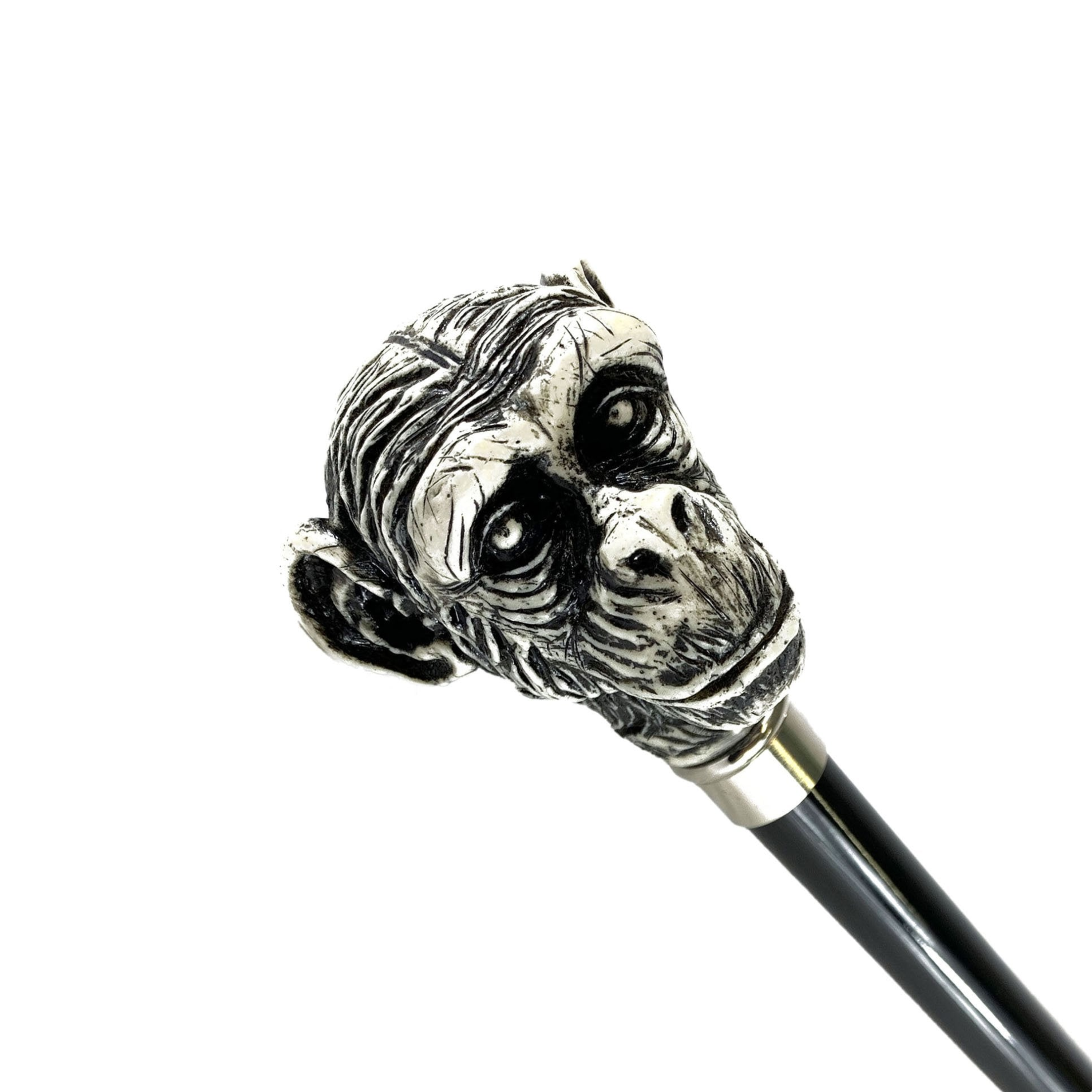 Ivory Lacquer Walking Stick – Hand Painted Monkey Handle Cane With Silver Plated Details