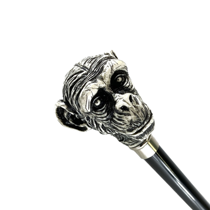 Ivory Lacquer Walking Stick – Hand Painted Monkey Handle Cane With Silver Plated Details