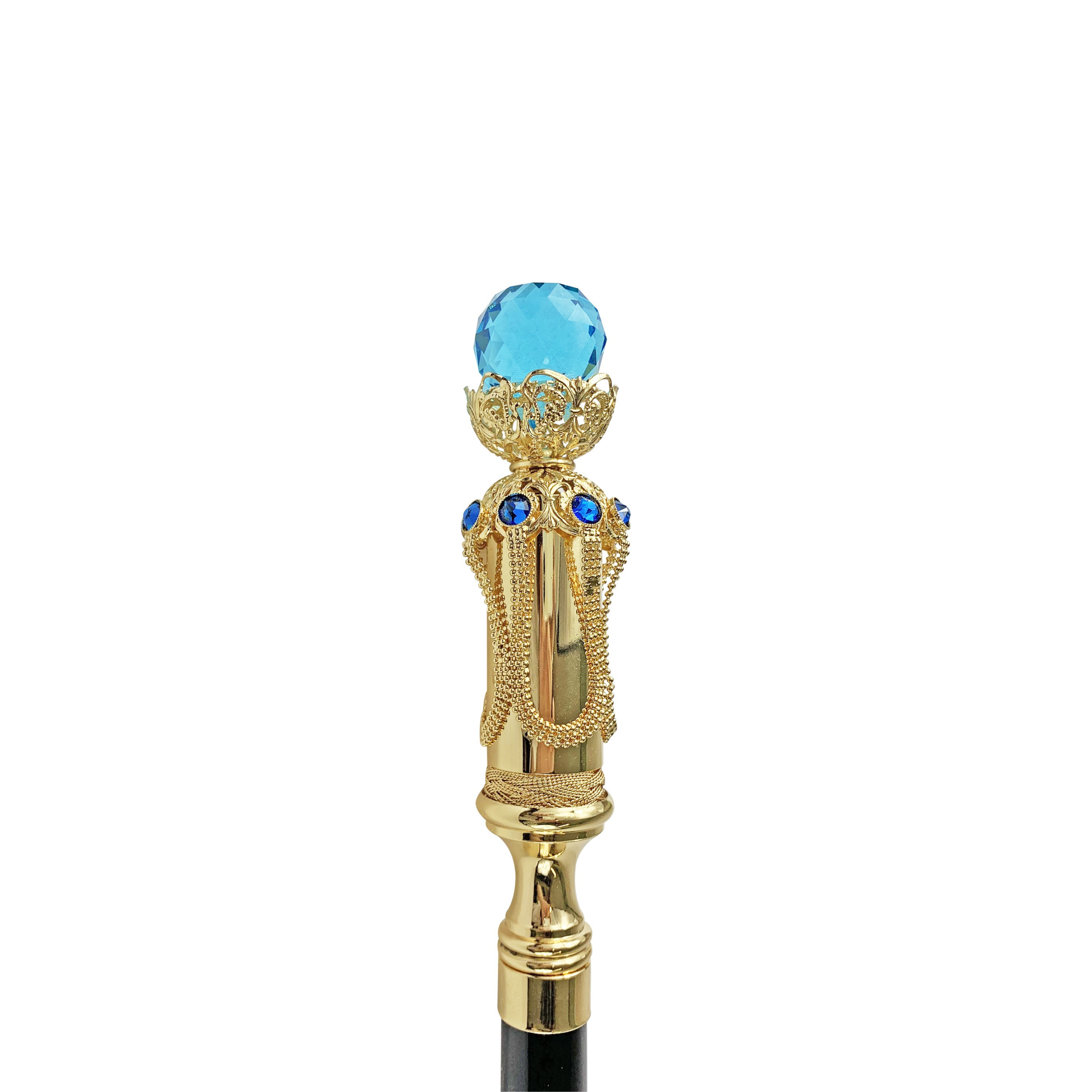 Gold Plated Walking Cane – Handcrafted Black Beechwood Cane with Aqua Crystal Handle