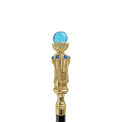 Gold Plated Walking Cane – Handcrafted Black Beechwood Cane with Aqua Crystal Handle