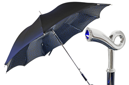 Elegant Ilmarchesato blue double-canopy umbrella for men with a silver-plated handle, showcasing a stylish design.
