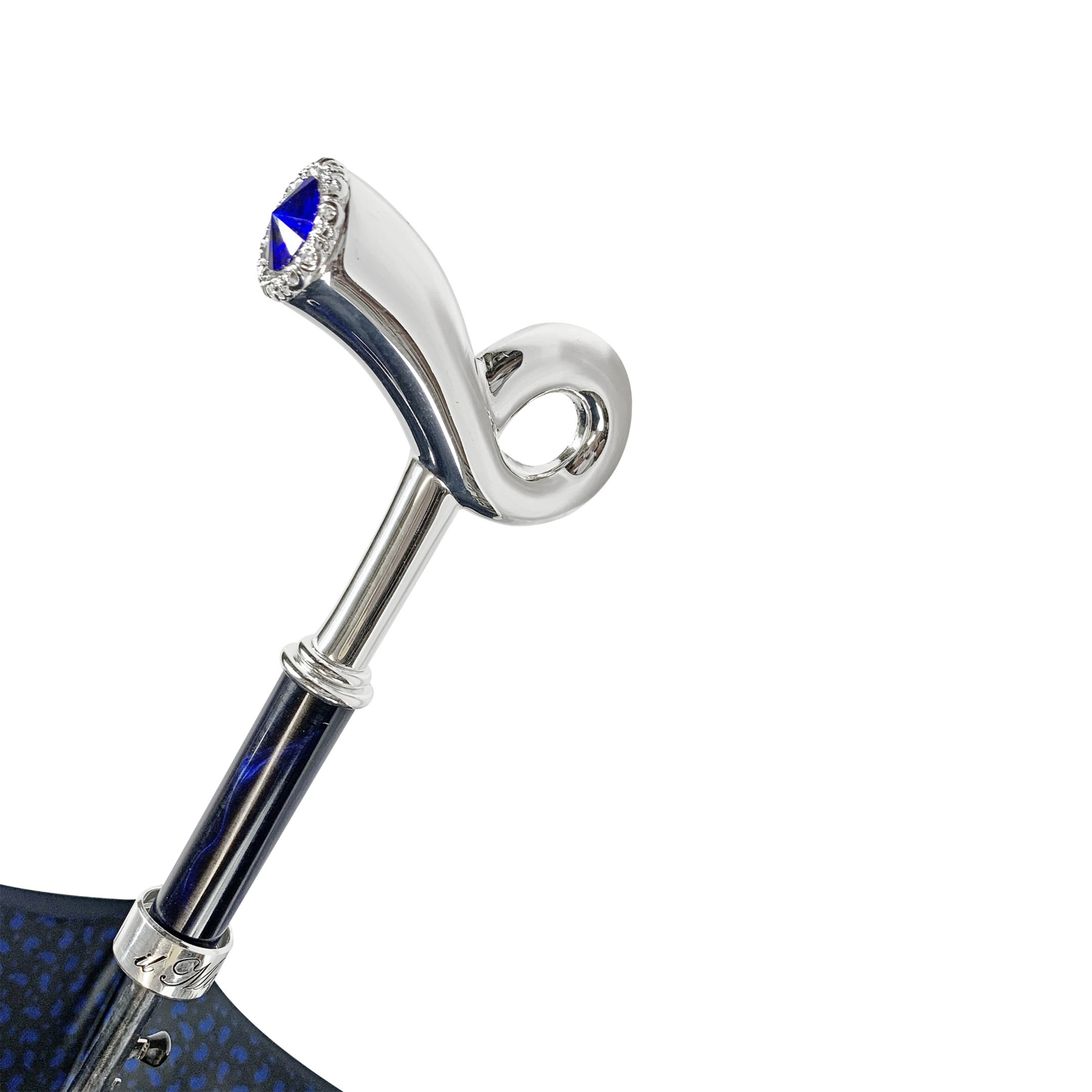 Elegant Ilmarchesato blue double-canopy umbrella with silver-plated handle, perfect for men.