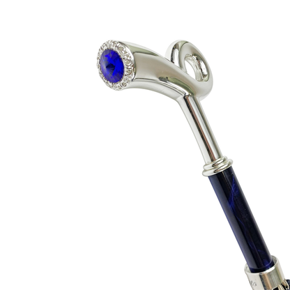 Elegant Ilmarchesato blue double-canopy umbrella with a silver-plated handle for men, showcasing its stylish design.