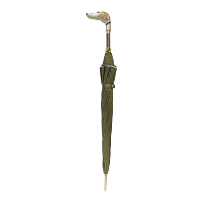 Men's umbrella with hand-painted greyhound handle, 24K gold-plated details, stylish and elegant design by Ilmarchesato.