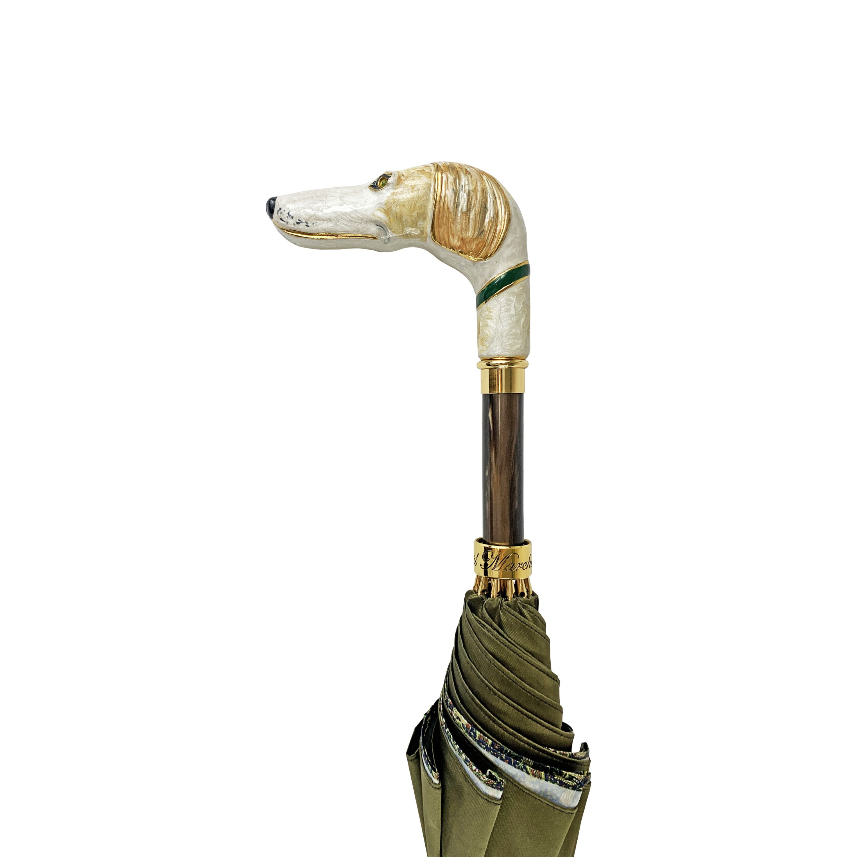 Men's umbrella by Ilmarchesato featuring a hand-painted canopy and a 24K gold-plated greyhound handle.