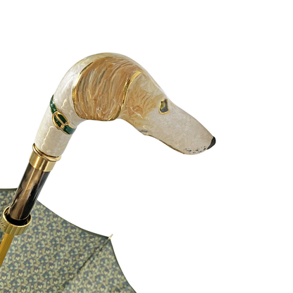Men's umbrella by Ilmarchesato with a hand-painted design and a 24K gold-plated greyhound handle, stylish and luxurious.