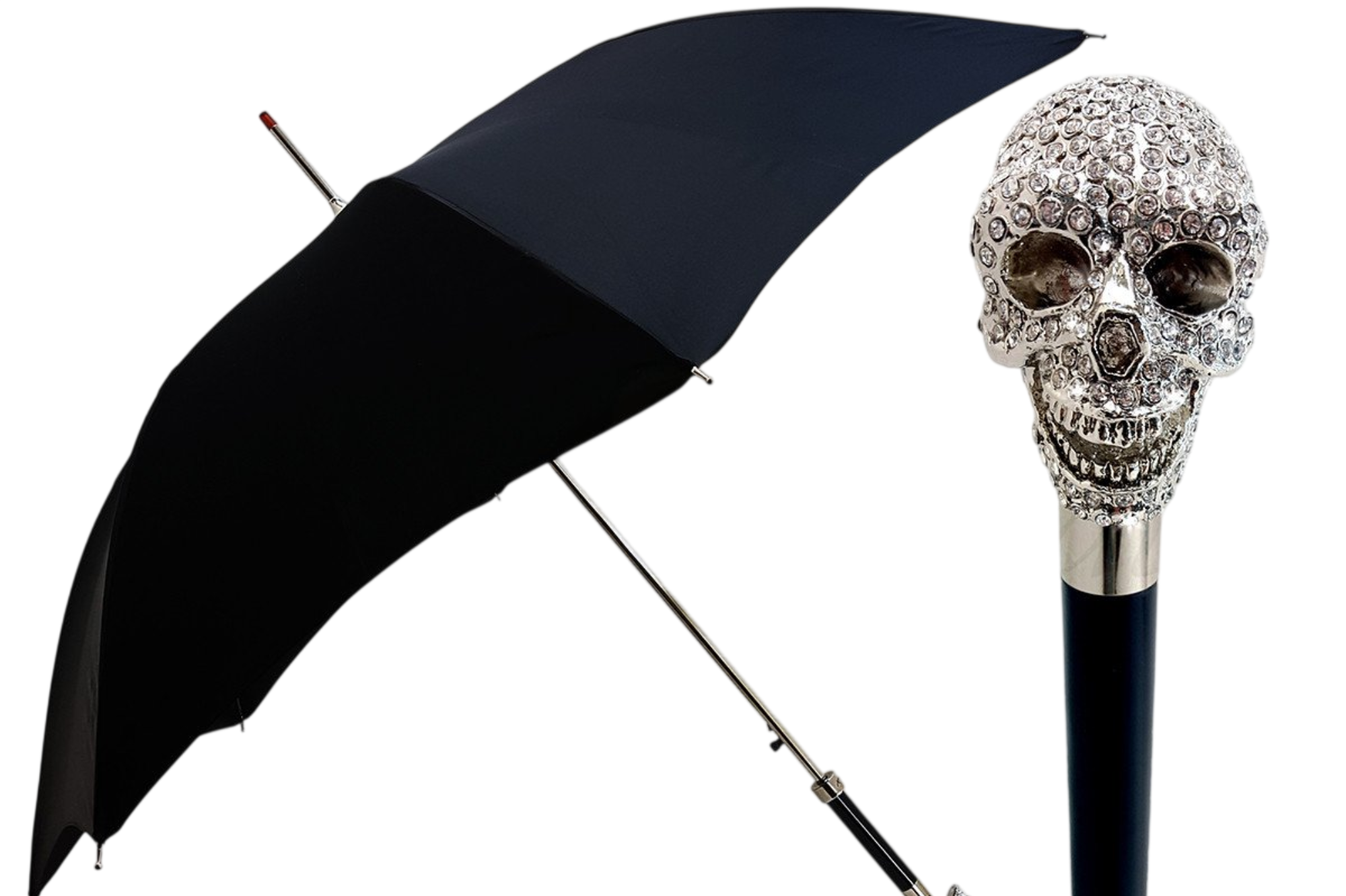 Luxury black umbrella for men featuring a silver Swarovski crystal skull handle by Ilmarchesato.