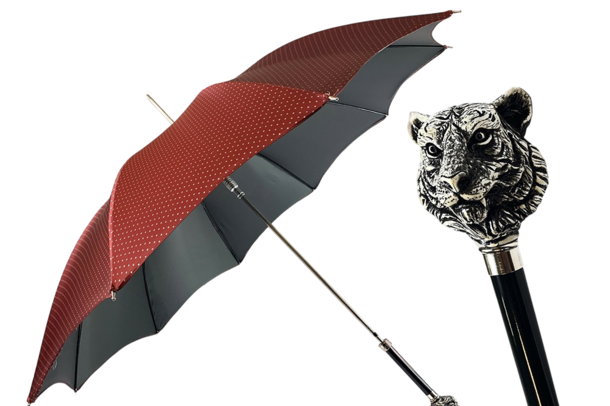 Hand-painted tiger umbrella by Ilmarchesato, showcasing Italian luxury craftsmanship with a striking design for men.