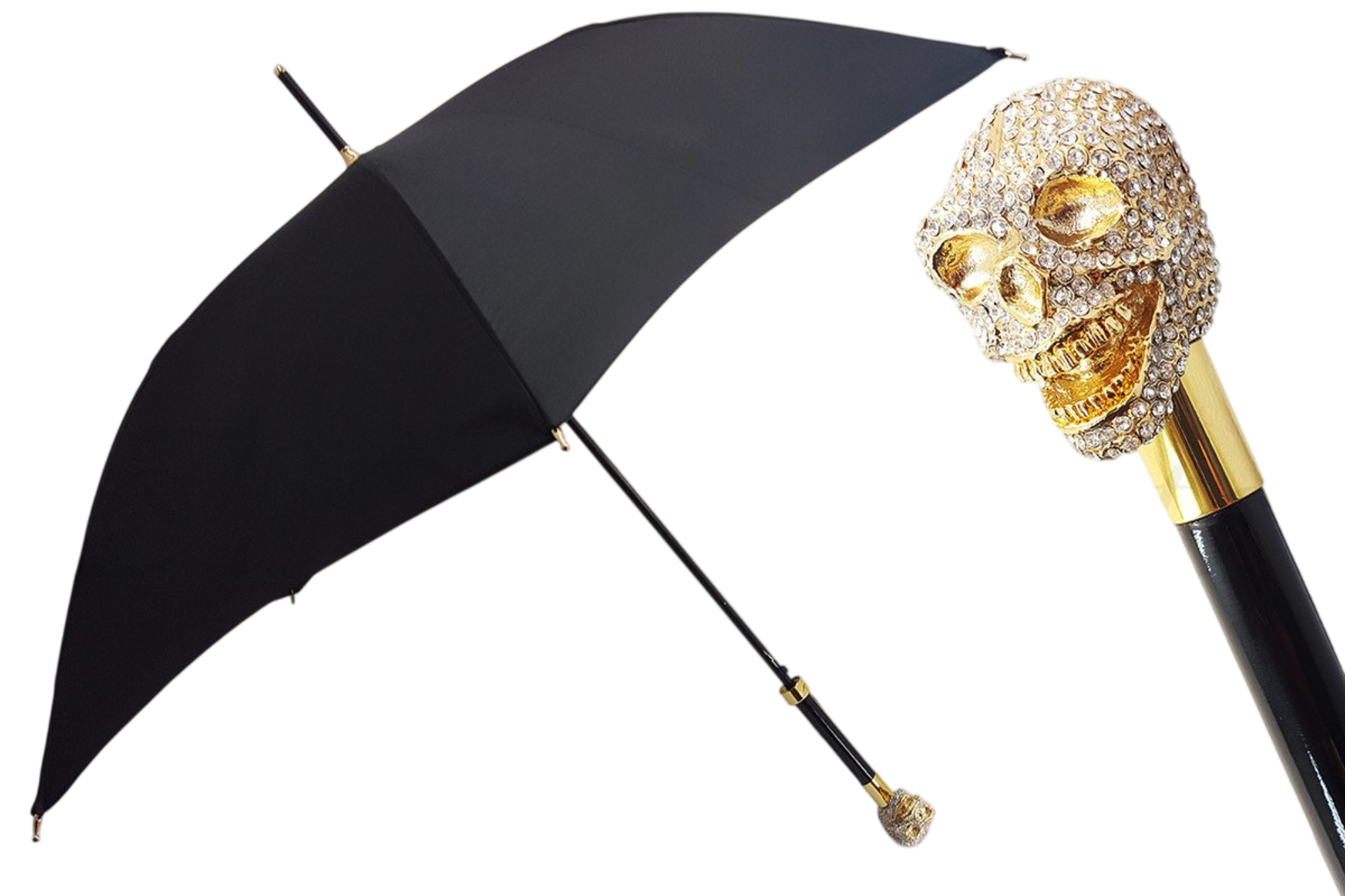 Luxury gold Swarovski skull umbrella by Ilmarchesato, showcasing intricate design and elegant style for men.