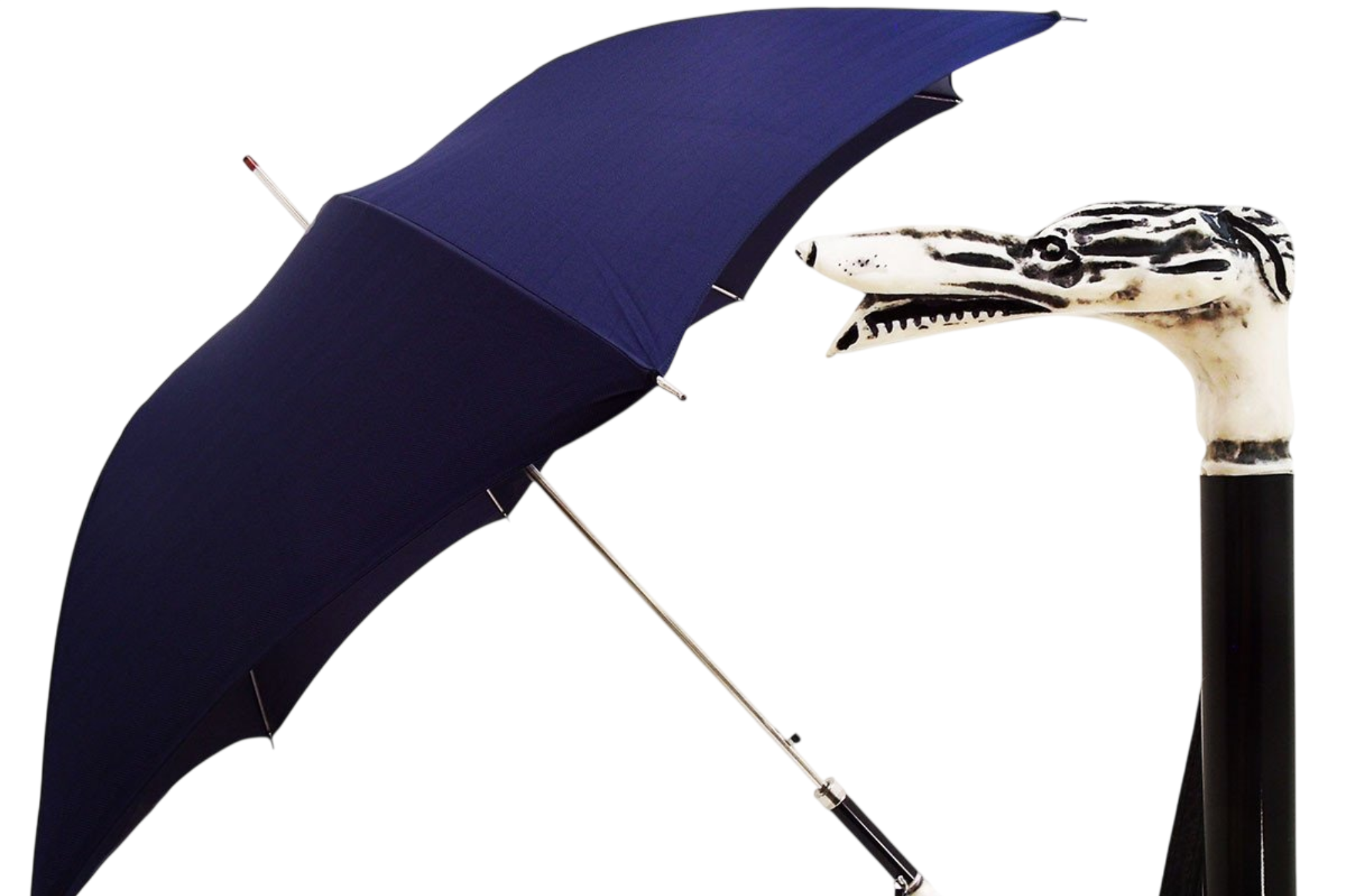 Handmade men's luxury blue umbrella featuring a dog head handle by Ilmarchesato, showcasing elegant craftsmanship.