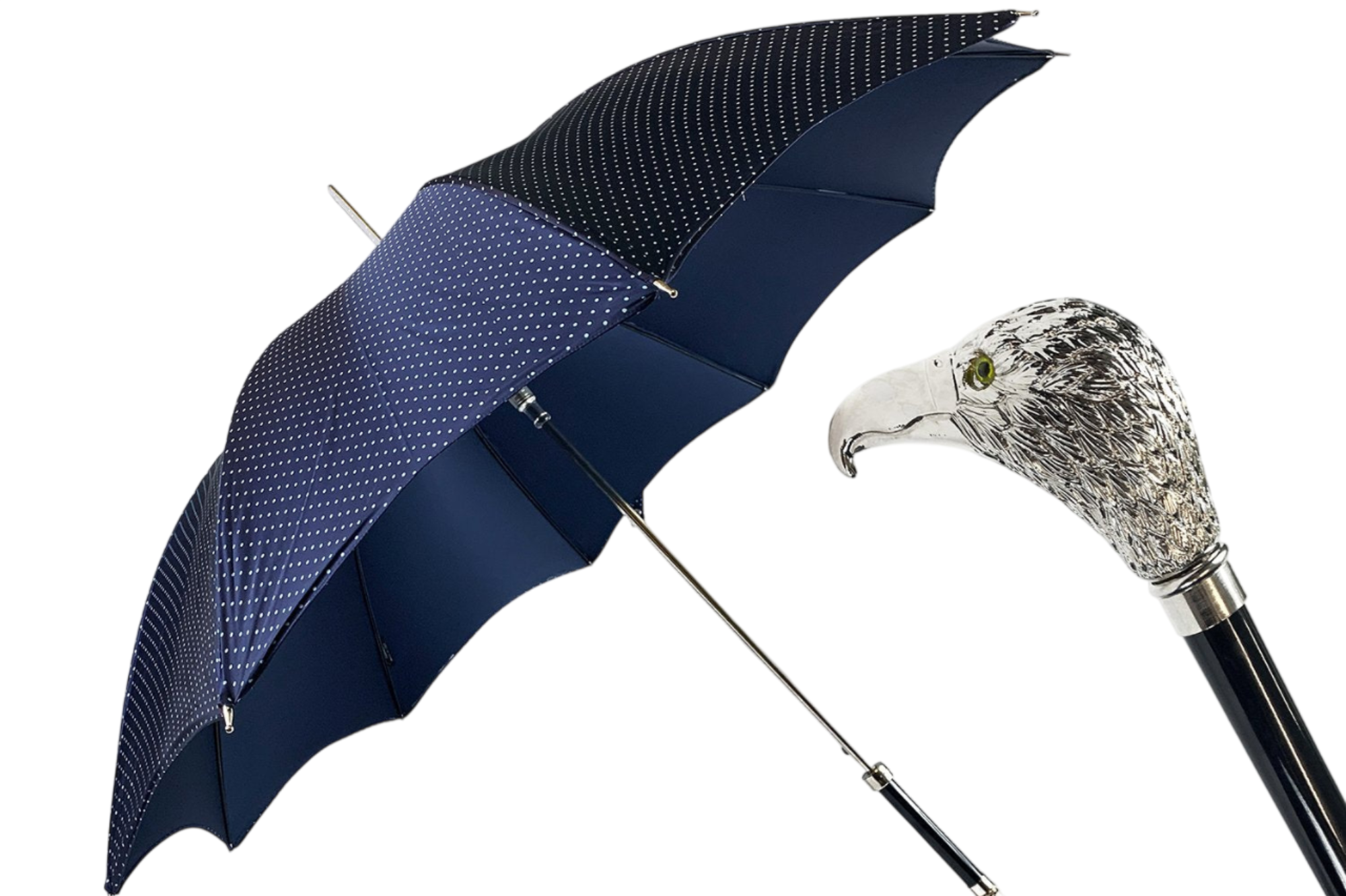 Elegant handmade Italian men's umbrella with silver-plated hawk handle, featuring detailed craftsmanship and classic style.