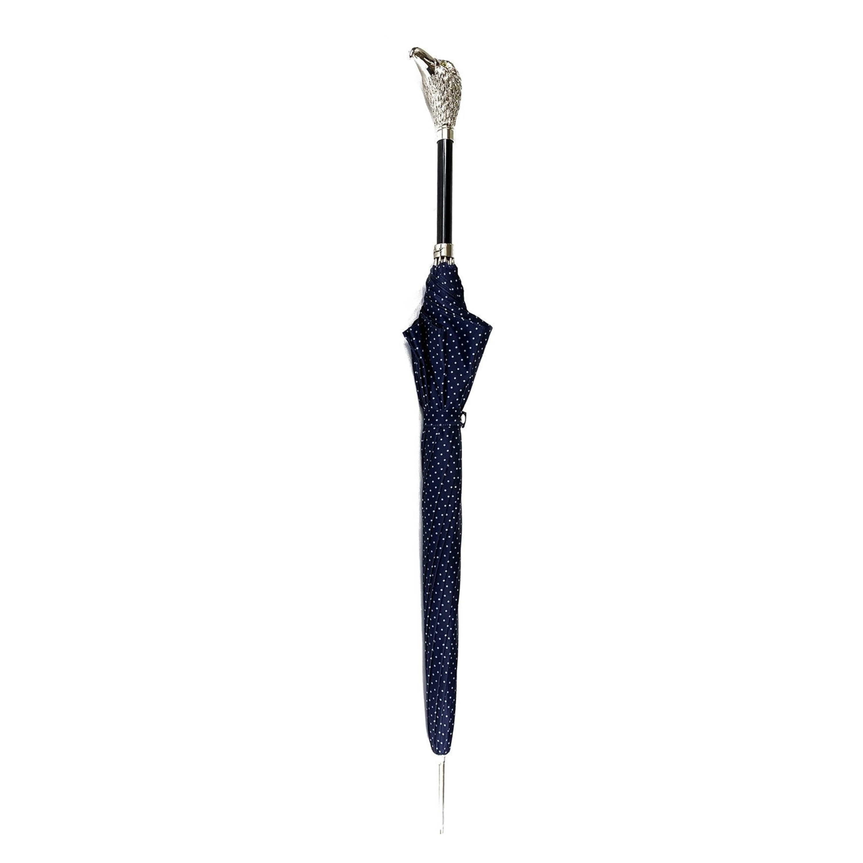 Elegant handmade Italian men's umbrella with silver-plated hawk handle and classic design, perfect for stylish protection from rain.