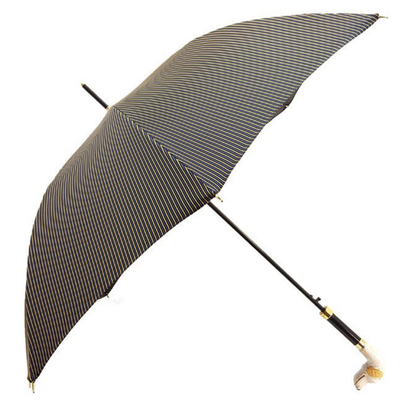 Men's Ilmarchesato striped umbrella featuring a gold-plated hound head handle on a rainy day.