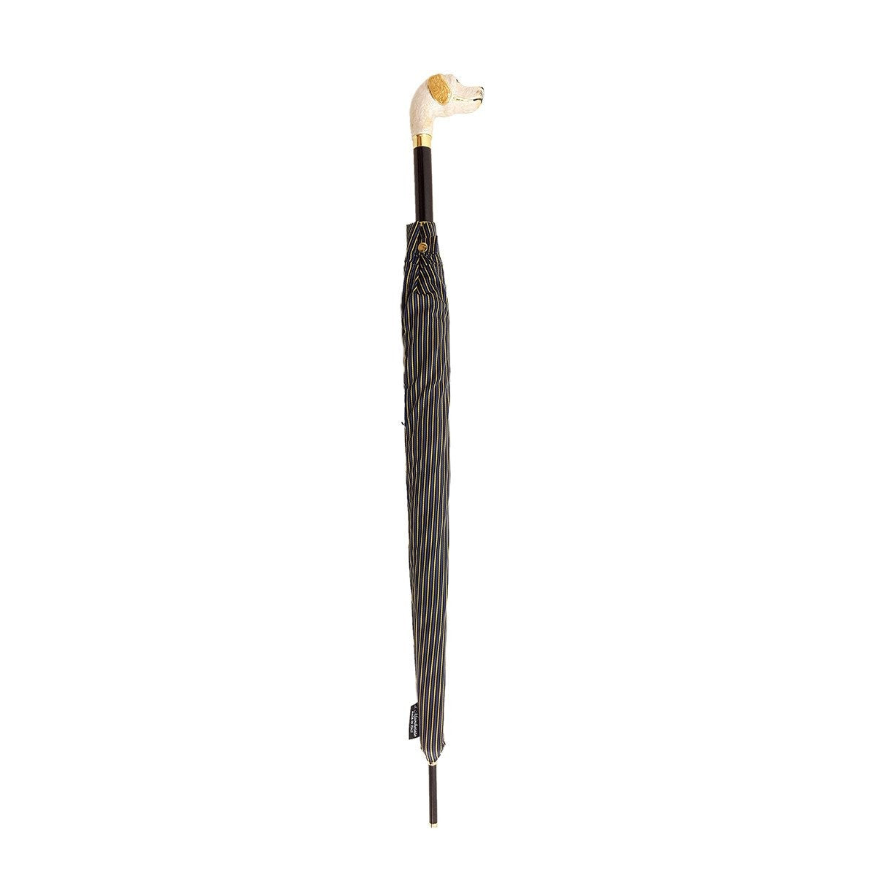 Men’s striped umbrella featuring a gold-plated hound head handle by Ilmarchesato, showcasing unique craftsmanship.