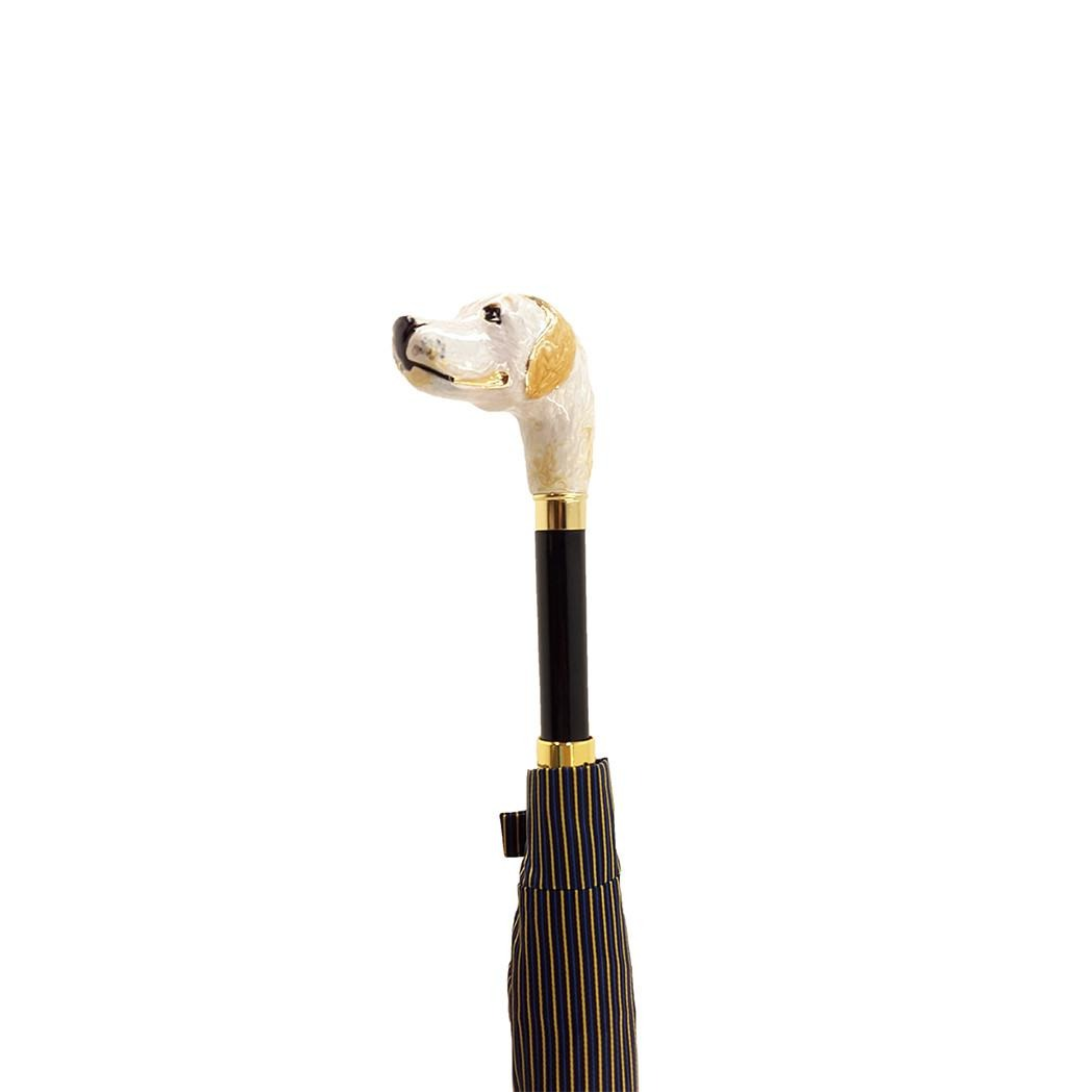 Men's striped handmade umbrella featuring a gold-plated hound head handle by Ilmarchesato.