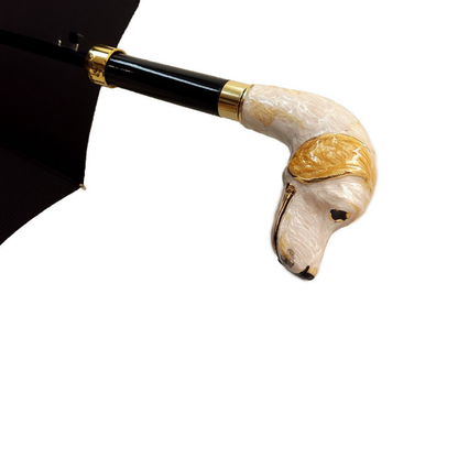 Men's striped Ilmarchesato umbrella featuring a gold-plated hound head handle, showcasing its unique design and craftsmanship.