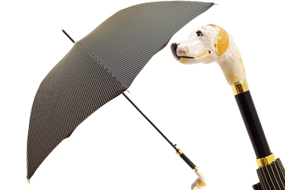 Men's striped Ilmarchesato umbrella featuring a gold-plated hound head handle, showcasing its unique design and craftsmanship.