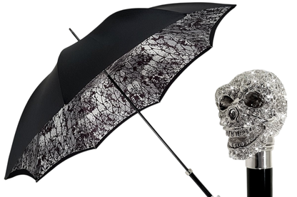 Ilmarchesato Lux Silver Swarovski skull umbrella with a double cloth canopy for men, showcasing elegant design and detail.