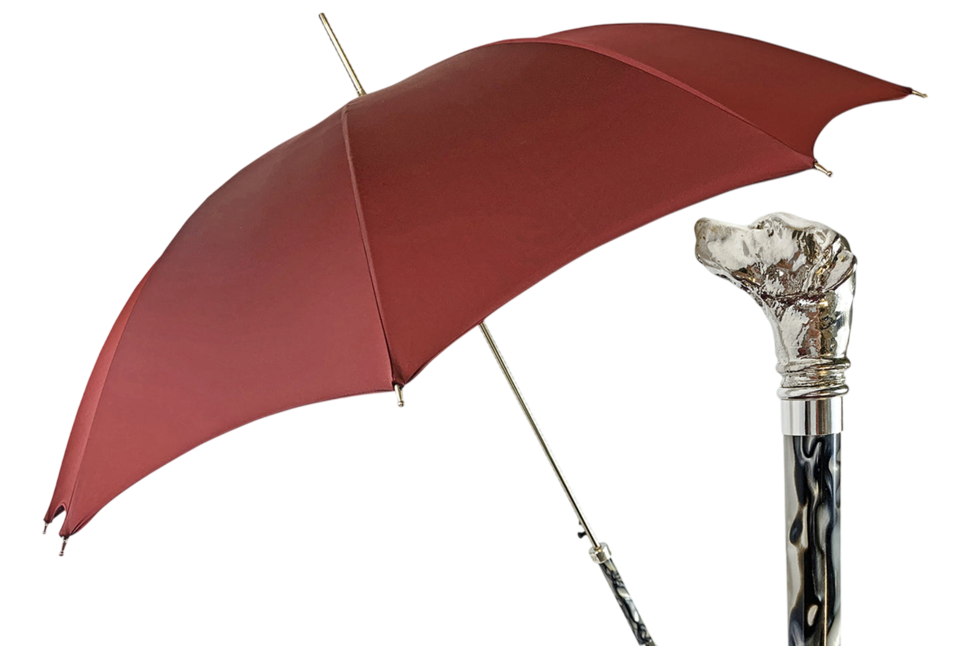 Elegant men's umbrella featuring a silver-plated Labrador handle by Ilmarchesato, showcasing its stylish design.