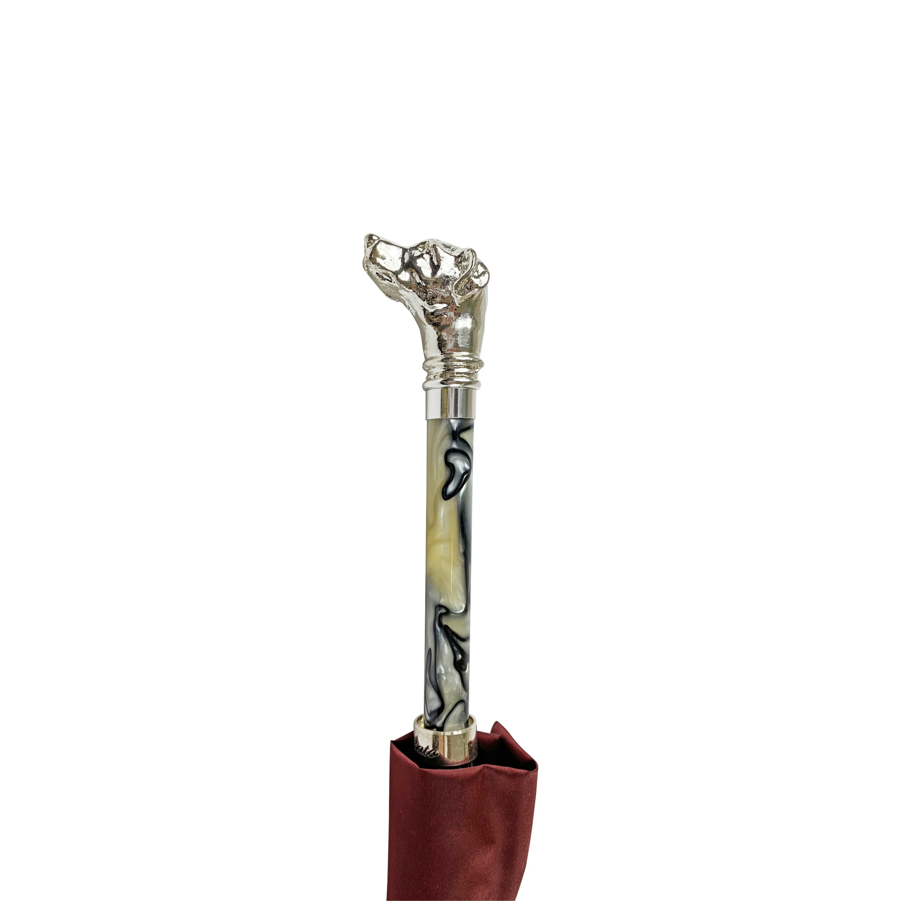 Elegant men’s umbrella with a silver-plated Labrador handle by Ilmarchesato, showcasing a stylish design and sturdy construction.