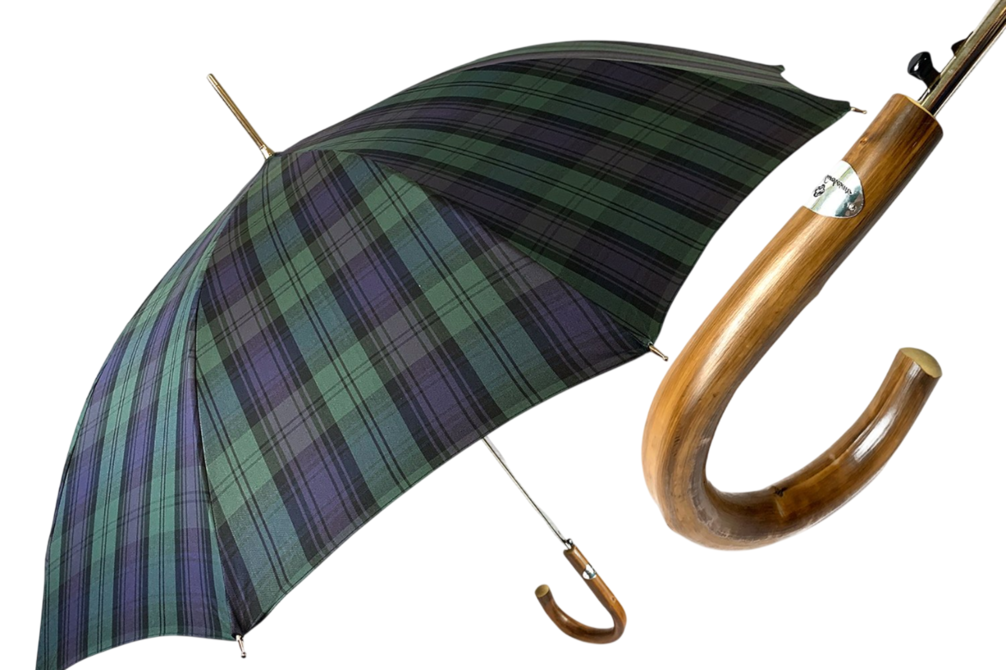 Ilmarchesato men's sporty tartan umbrella featuring a chestnut root handle against a neutral background.