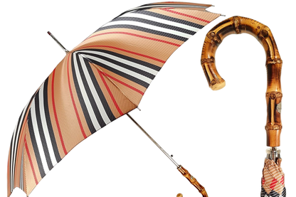 Unique striped gentleman's umbrella with a whangee bamboo handle by Ilmarchesato, showcasing elegant design and craftsmanship.