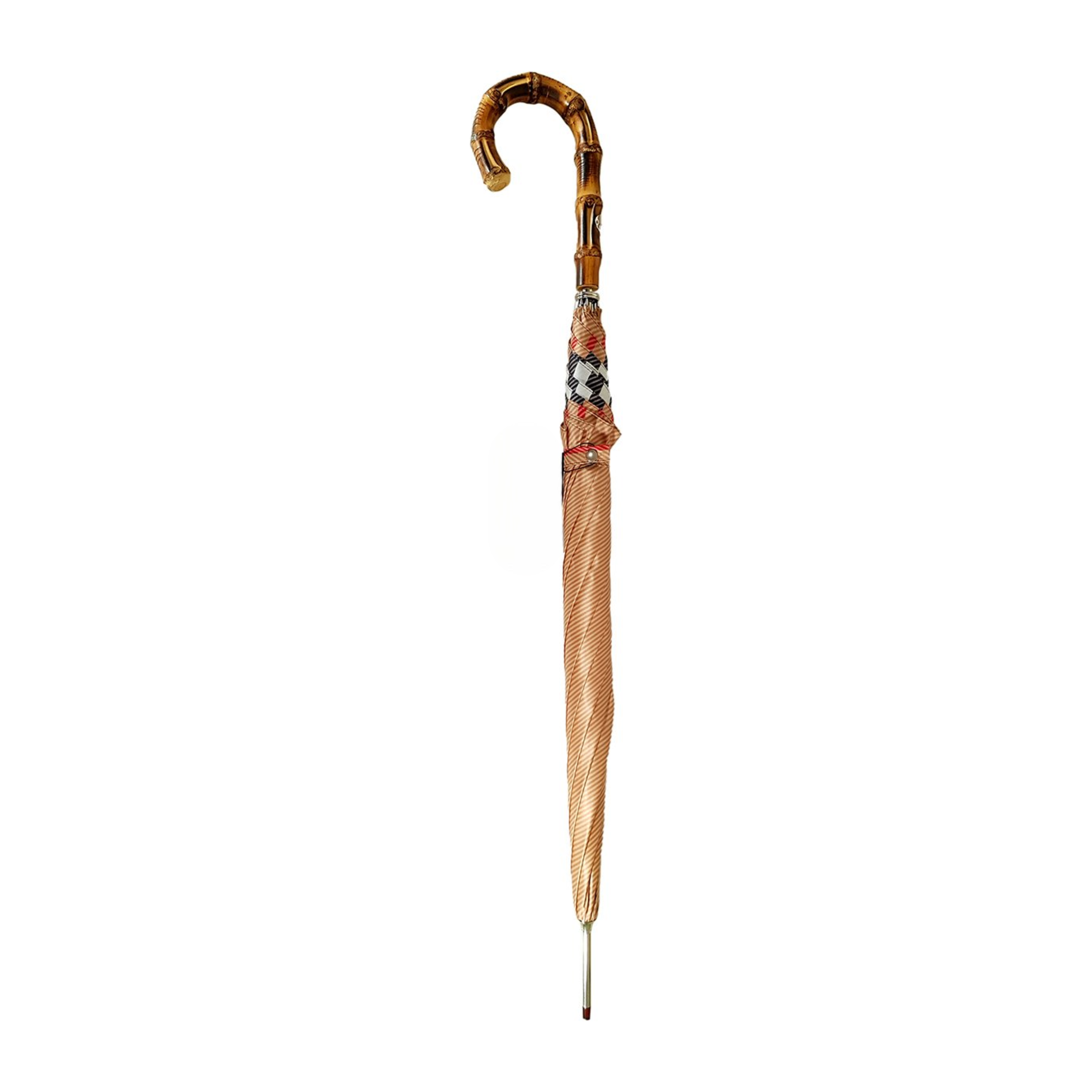 Unique striped Ilmarchesato gentleman's umbrella featuring a whangee bamboo handle, showcasing its elegant design.