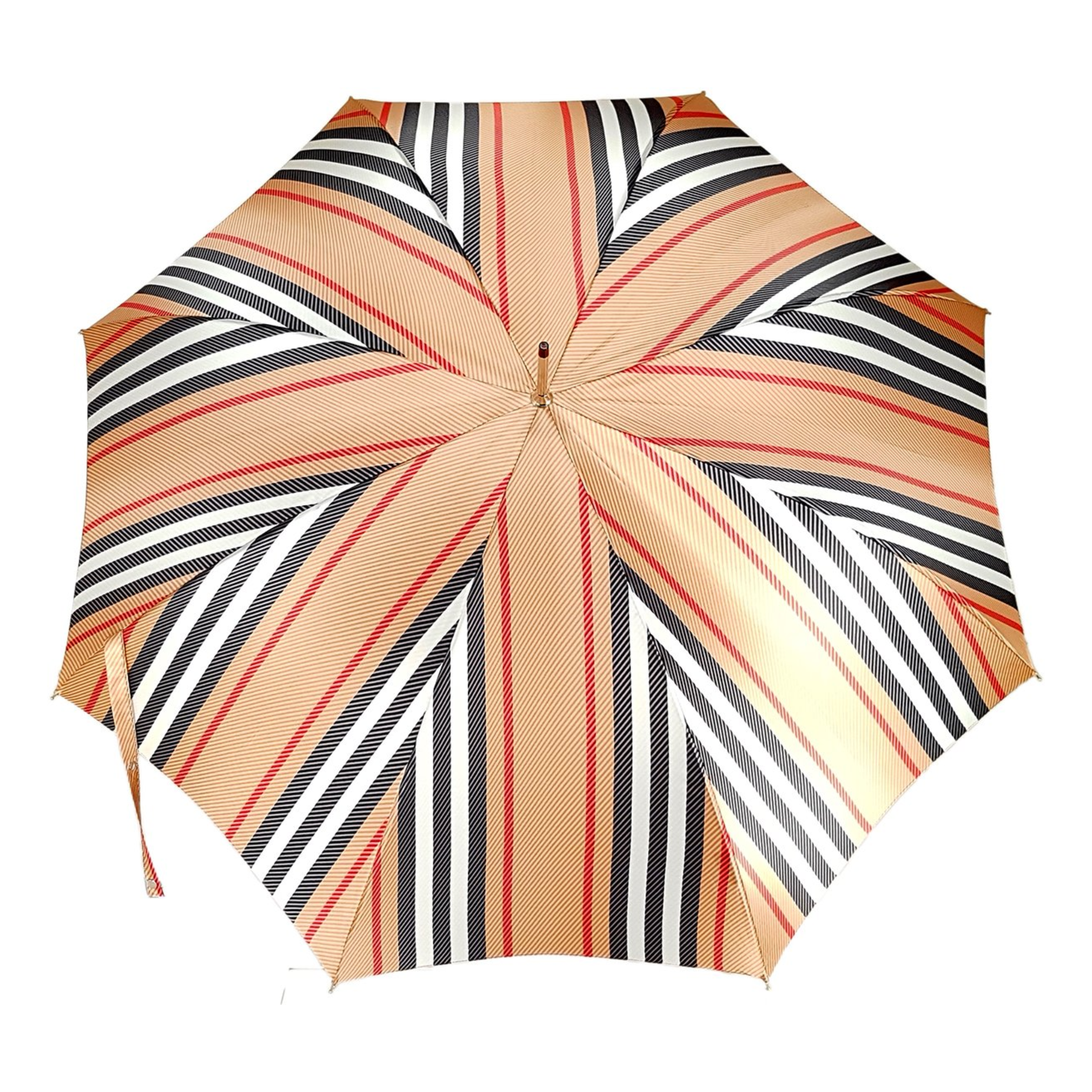 Unique striped umbrella for men featuring a whangee bamboo handle by Ilmarchesato, showcasing its elegant design.