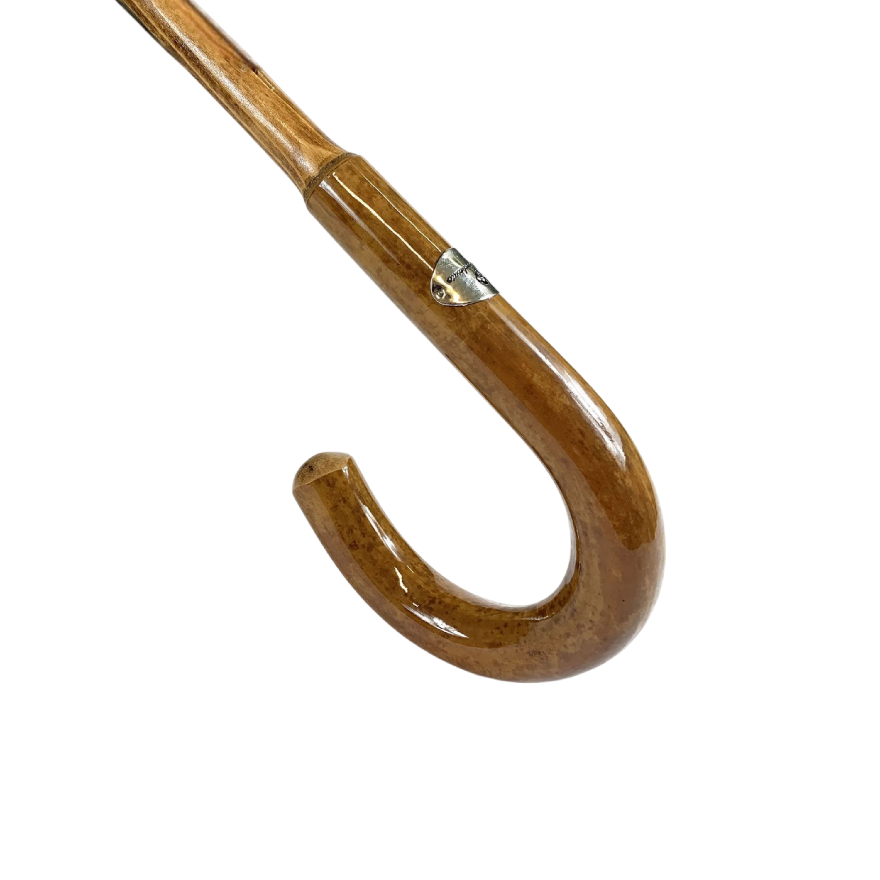 Black and white bespoke men's umbrella with a hand-curved Malacca wood handle, stylish and elegant for rainy days.